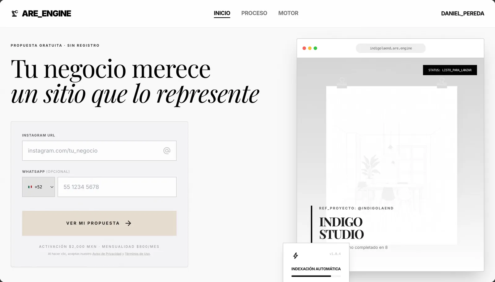 Pantalla de ARE Engine: formulario para pegar la URL de Instagram de un negocio y vista previa del sitio generado