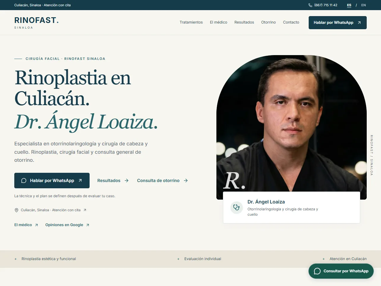 Portada del sitio de Rinofast Sinaloa: rinoplastia en Culiacán con el Dr. Ángel Loaiza y botón para hablar por WhatsApp