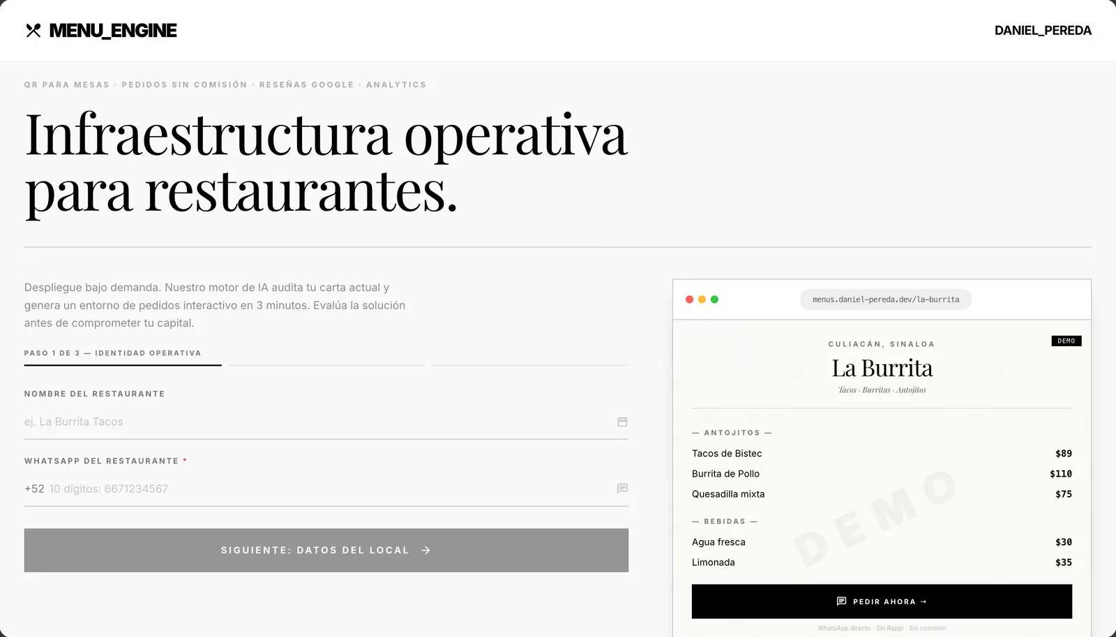 Pantalla de Menu Engine: formulario de alta de un restaurante y vista previa de un menú digital de ejemplo con categorías y precios